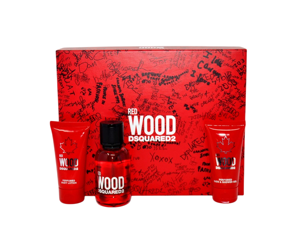 Dsquared2 Red Wood pour femmes Coffret cadeau 3 pièces - Vaporisateur Eau de Toilette 1.7 oz, Lait pour le corps 1.7 oz, Gel bain et douche 1.7 oz