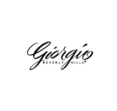 Giorgio Beverly Hills Eau de Toilette for women in striped yellow box, Giorgio Beverly Hills Red Eau de Toilette bottle with red and gold packaging, Top view of Giorgio Beverly Hills signature yellow and white striped perfume box