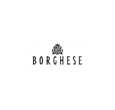 Borghese skincare jar with elegant gold and white packaging, Borghese product collection displayed on marble surface with greenery, Borghese perfume bottle surrounded by Mediterranean floral accents