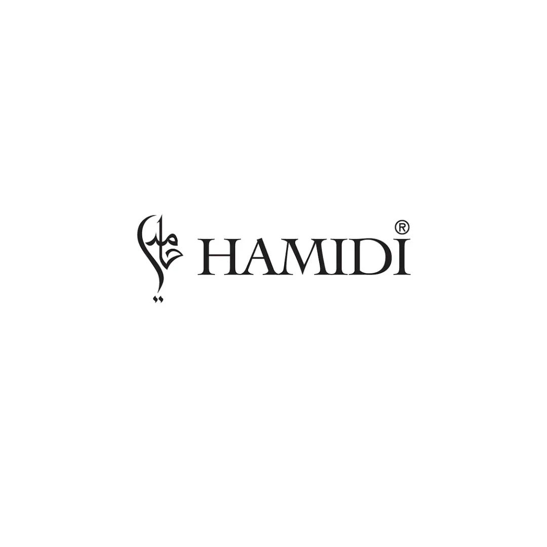 Hamidi Oud fragrance bottle with intricate gold and amber design, Hamidi floral perfume spray with elegant curved glass bottle, Hamidi unboxed perfume with decorative Arabian-inspired design