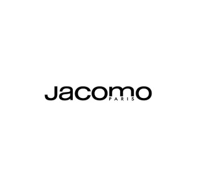 Jacomo de Jacomo Eau de Toilette bottle with bold black and silver design, Jacomo for Men cologne with transparent blue glass and minimalist cap, Close-up of Jacomo perfume bottle details with reflective finish