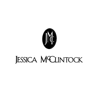 Jessica McClintock Eau de Parfum bottle with vintage floral design, Jessica McClintock perfume bottle with soft pink and gold accents, Close-up of Jessica McClintock fragrance label with elegant script