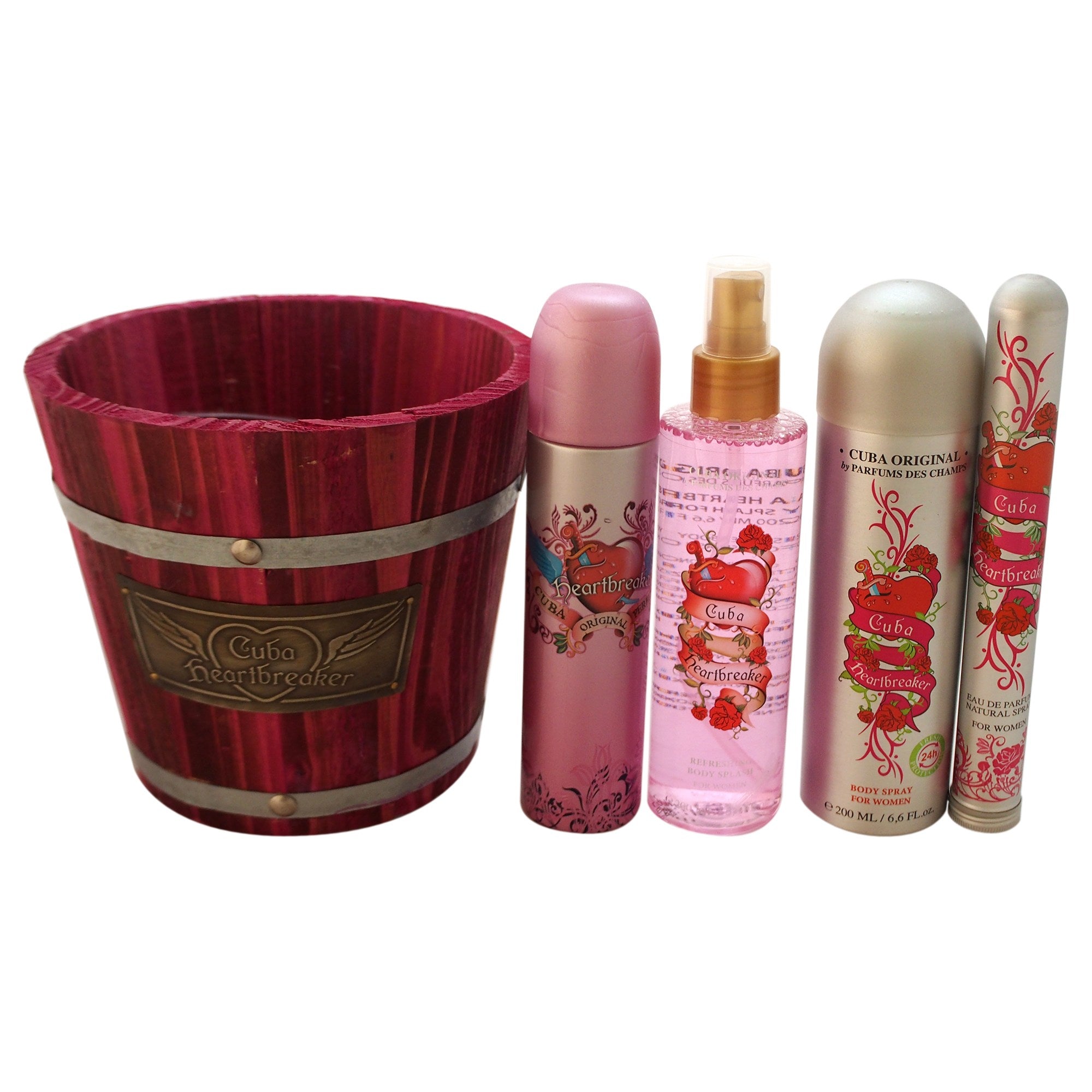 Cuba heart breaker pour femmes (seau) ensemble de 4 pièces 3,4 oz edp sp, 1,17 oz edp sp, 6,8 oz body sp, 6,6 oz body spl
