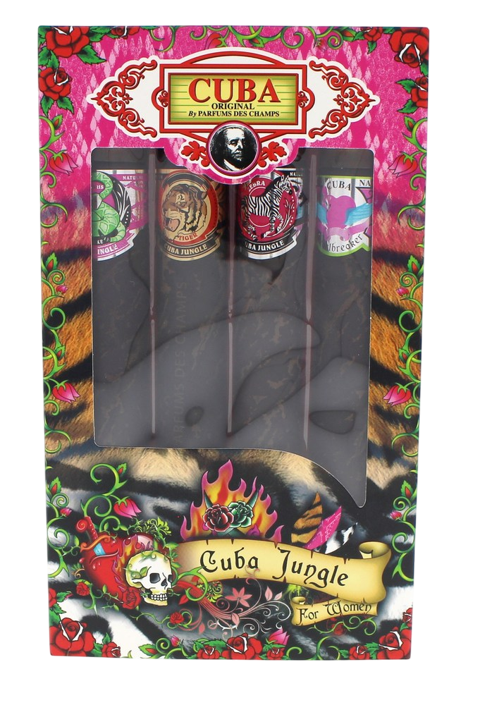 Cuba Jungle Pour Femmes(W/B)4Pc Set(4 X 1.17)1.17 Oz Edp Sp(Snake,Tiger,Zebra,Heartbreaker)