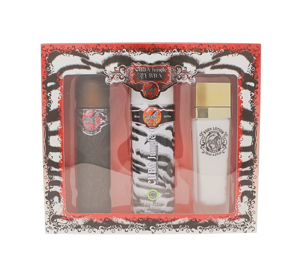 Cuba Jungle Zebra Pour Femmes(W/B)3Pc Set(3.4 Oz Edp Sp,6.7 Oz Spray Corporel,4.3 Oz Lotion Corporelle)