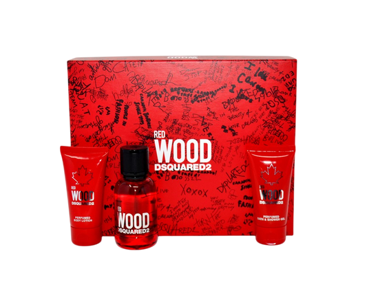 Dsquared2 Red Wood pour femmes Coffret cadeau 3 pièces - Vaporisateur Eau de Toilette 1.7 oz, Lait pour le corps 1.7 oz, Gel bain et douche 1.7 oz