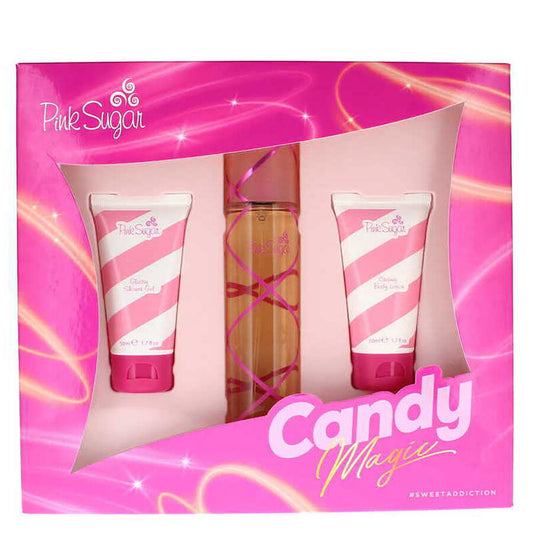 Magie de bonbons en sucre rose pour femmes (w/b) ensemble de 3 pièces (3,4 oz edt sp, 1,7 oz gel douche, 1,7 oz lotion corporelle crémeuse)